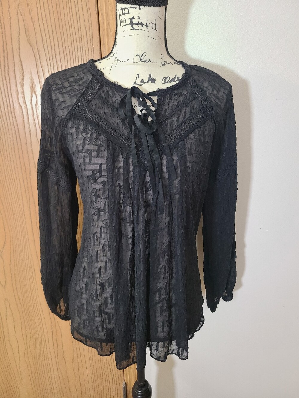 Rebecca Taylor Silk Blend Boho Tie Textured Blouse Peasant Top